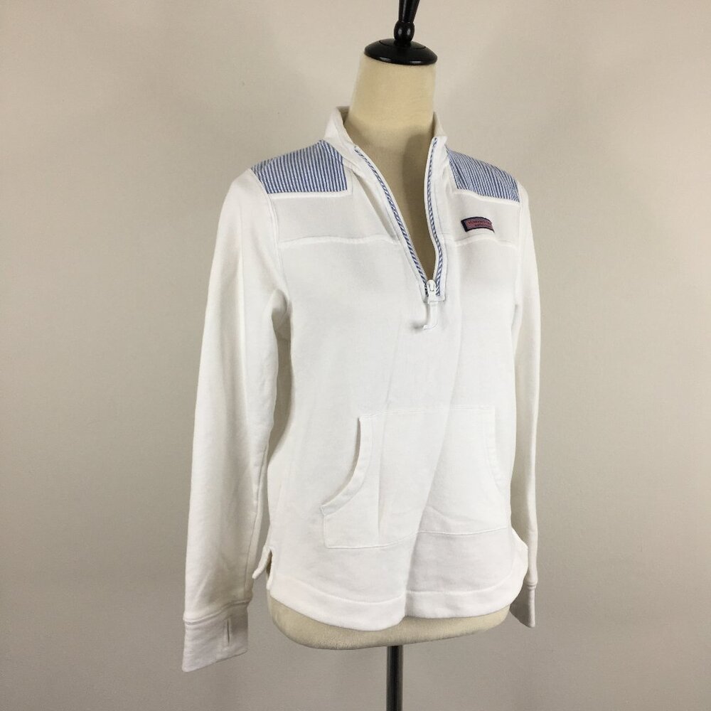 VINEYARD VINES White Blue Striped Insert Thumbhole Pocket Pullover Shirt